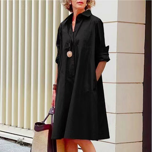 Damen nan A-Linien Hemdblusenkleid mit aufgekrempelten 3/4-Ärmeln und seitlichen Eingrifftaschen Echo Archiv