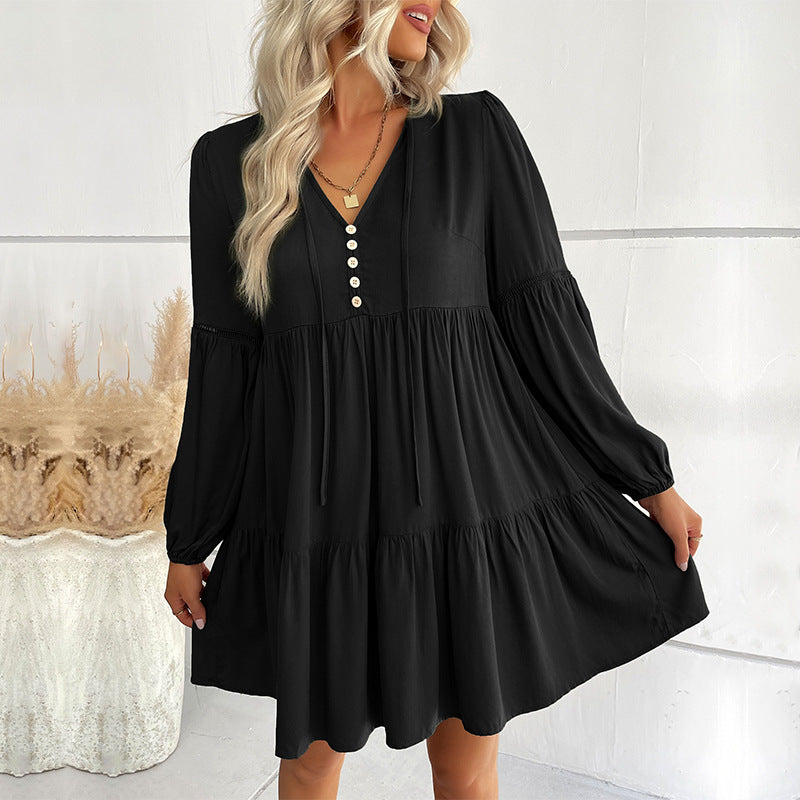 Damen Weiches Stufen-Minikleid mit V-Ausschnitt, Knopfleiste und Ballonärmeln Echoarchiv