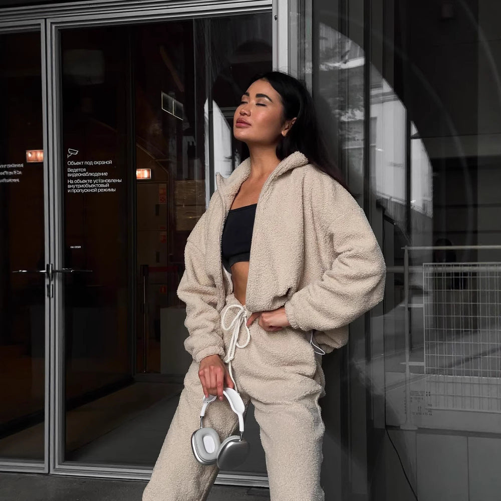 Damen Teddy-Fleece-Loungewear Set mit halbem Reißverschluss elastischem Tunnelzugbund und weitem Bein – Auréline