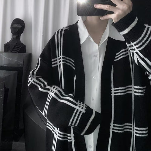 Herren Oversized Strickcardigan mit Karomuster und offener Front Echoarchiv