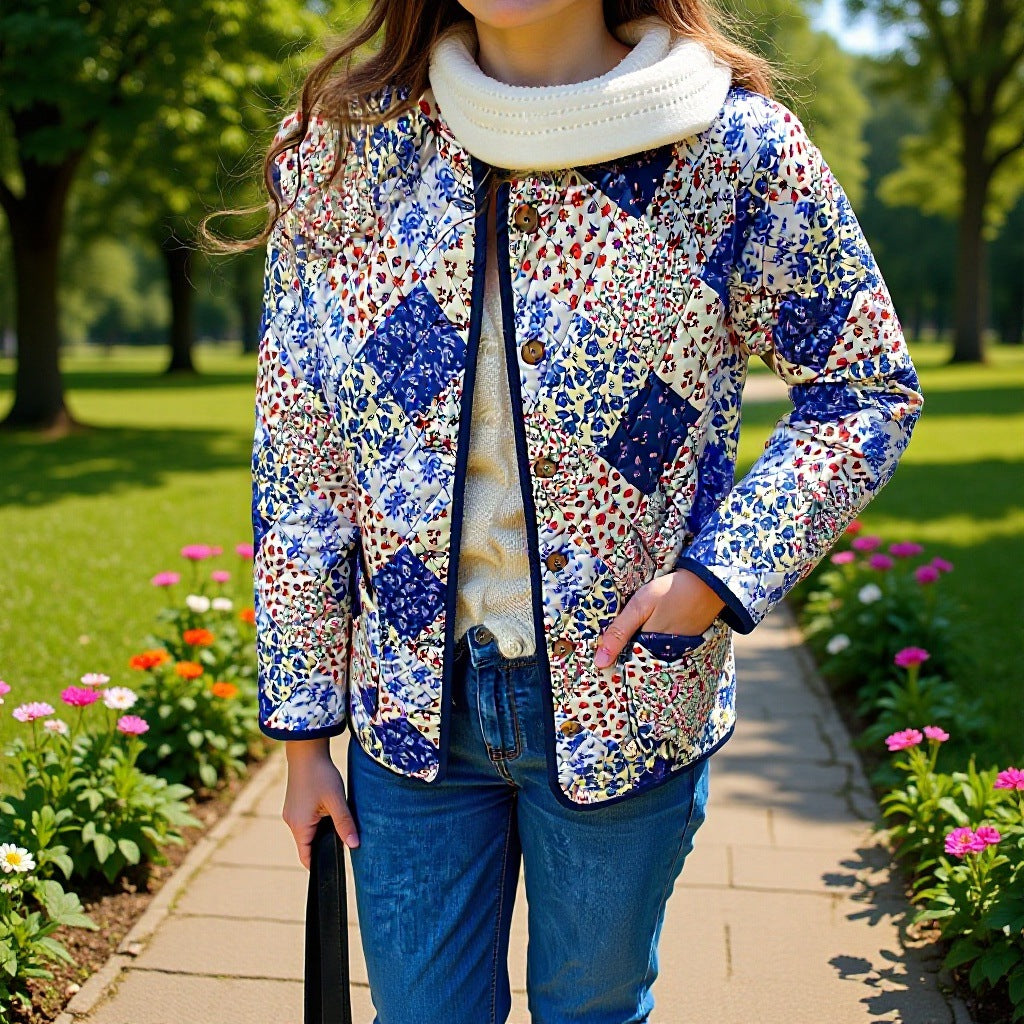 Damen Gefütterter Patchwork‑Steppmantel mit floralen Einsätzen und aufgesetzten Taschen Echo Archiv