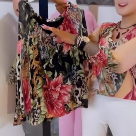 Damen nan leichte Satinbluse mit Animal- und Floralprint, Rüschenkragen, V-Ausschnitt und Manschettenärmeln Echo Archiv