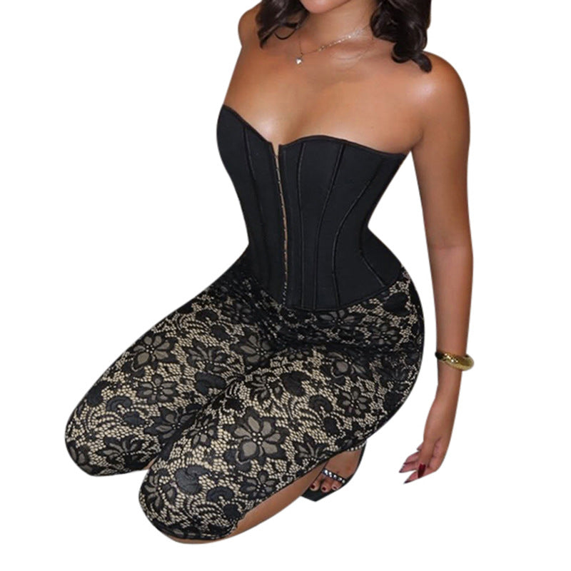 Damen sexy Corsage-Overall mit floralem Spitzenmuster und figurformendem Schnitt Echo Archiv