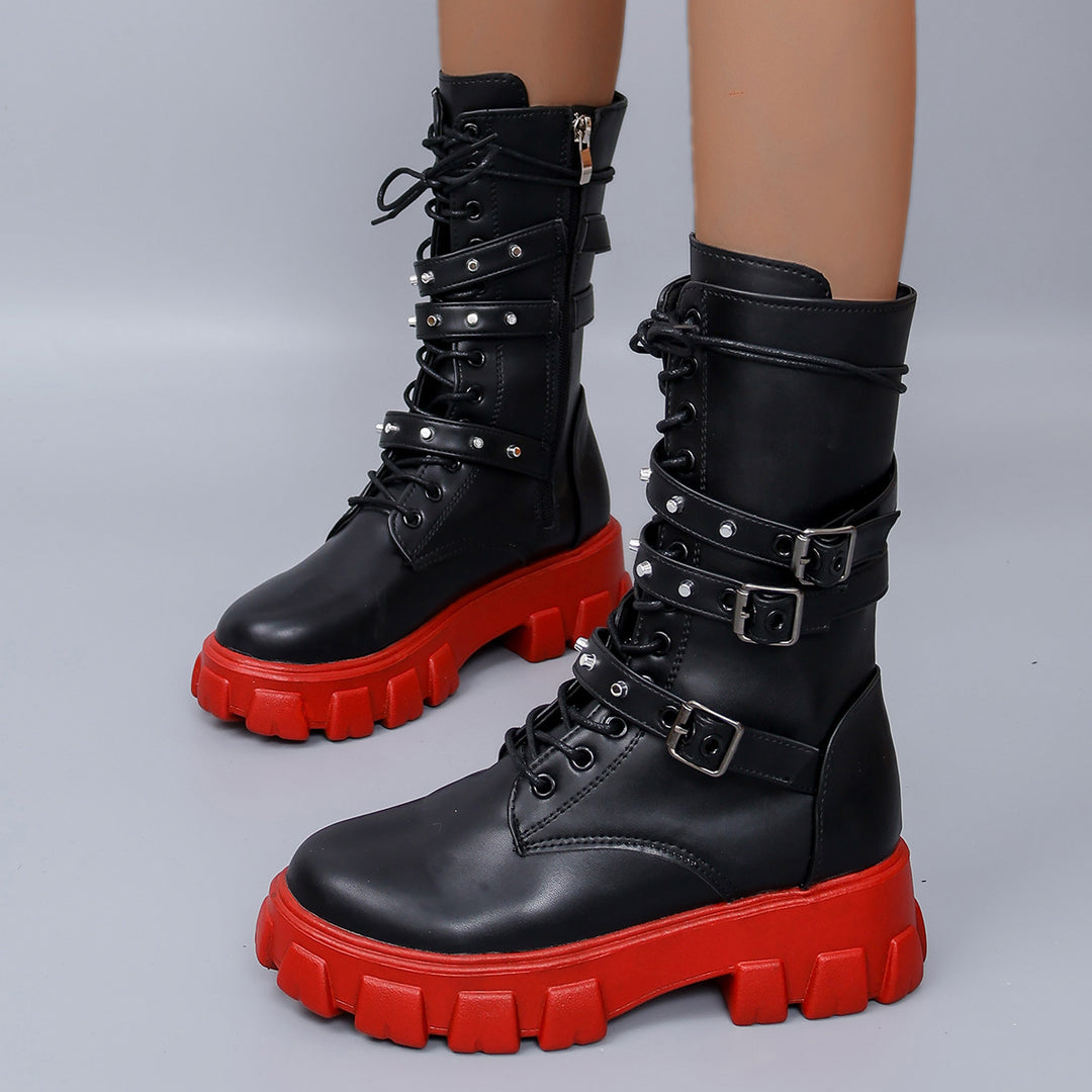 Damen Plateau-Bikerstiefel mit dreifacher Zierschnalle und massiver Profilsohle Echo Archiv