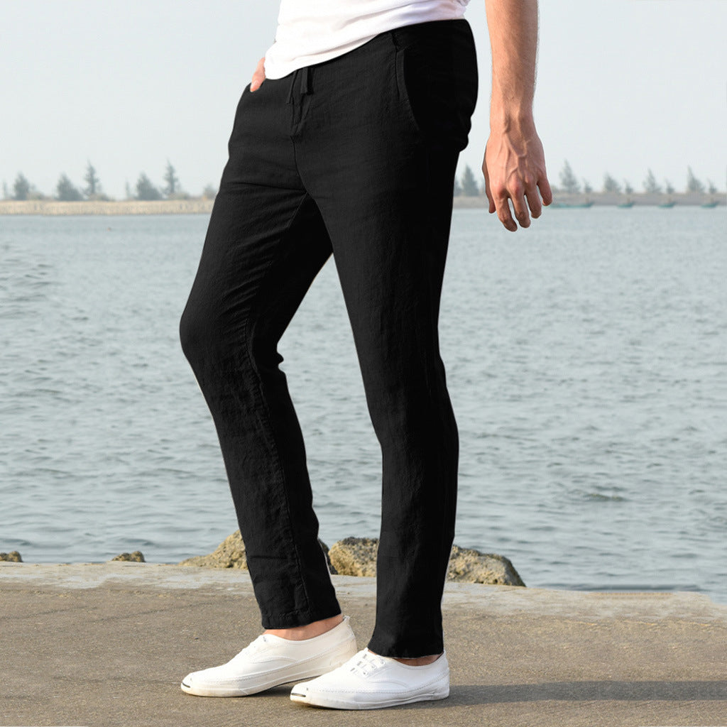 Herren lässige Leinenhose mit elastischem Bund und seitlichen Taschen Echoarchiv