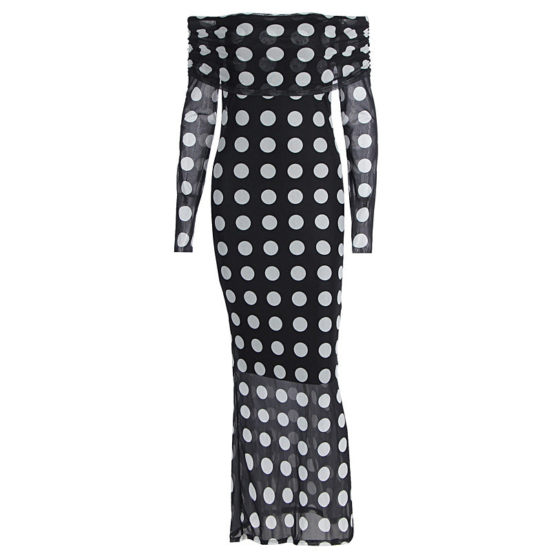 Damen Elegantes Maxikleid mit schulterfreiem Design und Punkten Echo Archiv