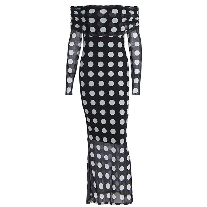Damen Elegantes Maxikleid mit schulterfreiem Design und Punkten Echo Archiv