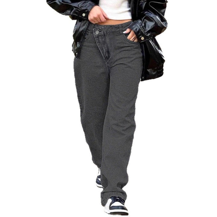 Damen hochgeschnittene locker sitzende Jeans mit weitem Bein und asymmetrischer Knopfleiste Echo Archiv