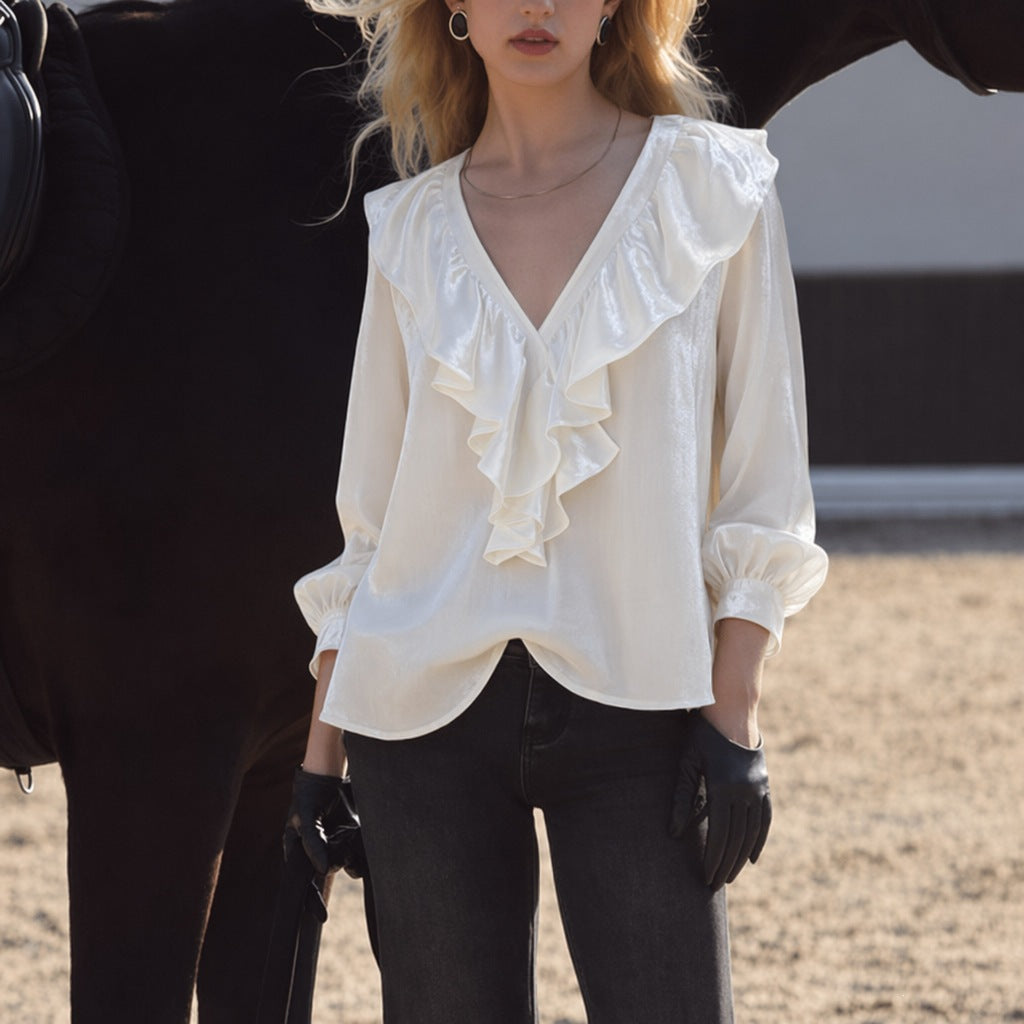 Damen schimmernde V-Neck Rüschenbluse mit Ballonärmeln und elastischen Bündchen – Élovi