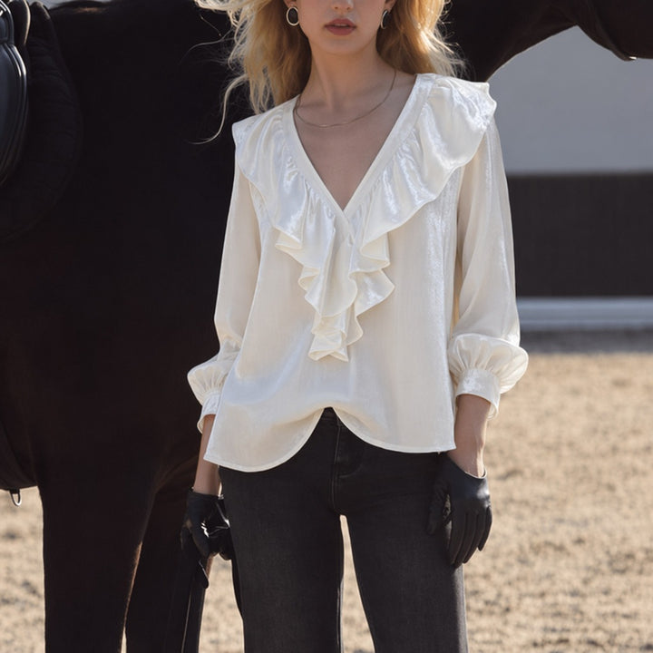 Damen schimmernde V-Neck Rüschenbluse mit Ballonärmeln und elastischen Bündchen – Élovi