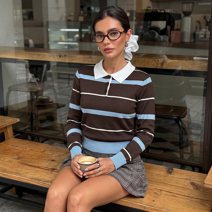 Damen Slim-Fit Polo-Strickpullover mit Retro-Streifen und kontrastierendem Hemdkragen Echoarchiv