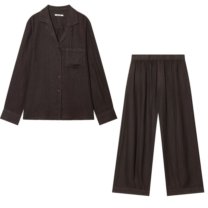 Damen Zweiteiliges Loungewear-Set aus Leinenoptik mit lockerem Pyjama‑Hemd und weiter Palazzo‑Hose Echo Archiv