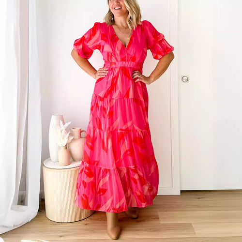 Damen nan ausgestelltes Maxikleid mit V-Ausschnitt, elastischer Unterbrustnaht und gestuftem Rock Echo Archiv