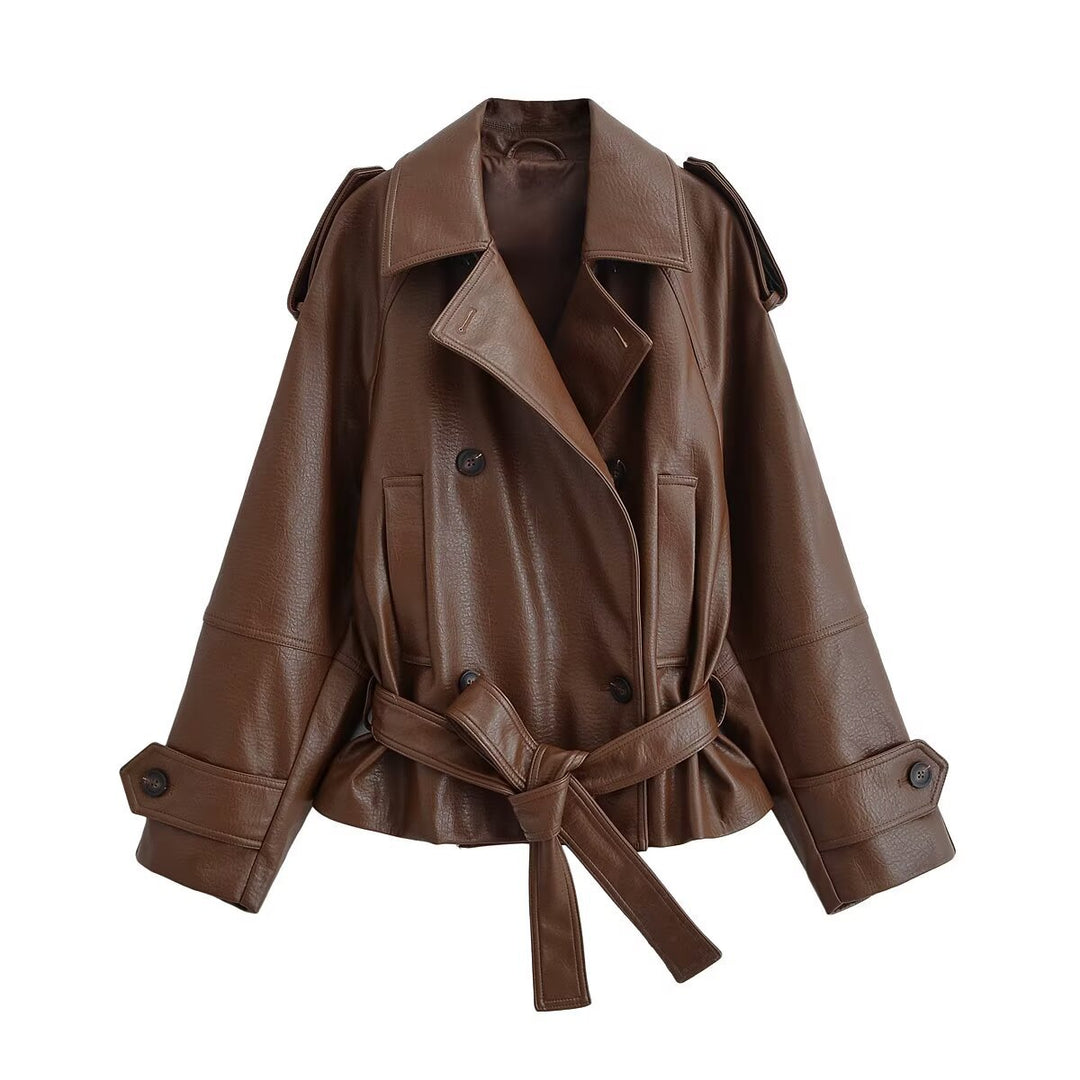 Damen Kurz geschnittener Kunstleder-Trenchcoat mit Bindegürtel und doppelreihiger Knopfleiste Echo Archiv