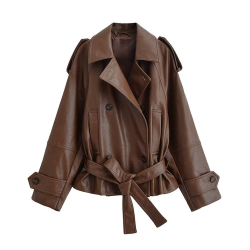 Damen Kurz geschnittener Kunstleder-Trenchcoat mit Bindegürtel und doppelreihiger Knopfleiste Echo Archiv