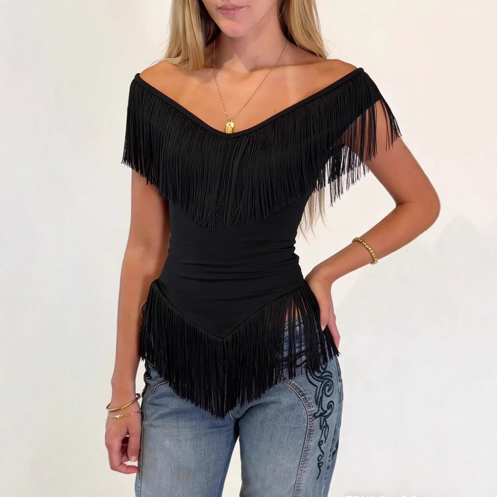 Damen Top mit fransigem Detail und Off-Shoulder-Design Echo Archiv