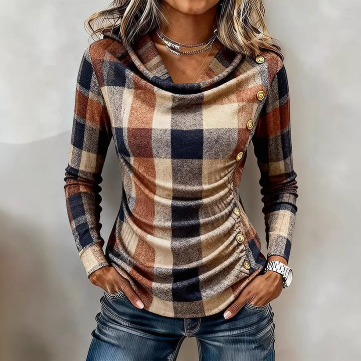 Damen Kariertes Langarm-Feinstrickshirt mit Wasserfallkragen und Zierknopfleiste Echoarchiv
