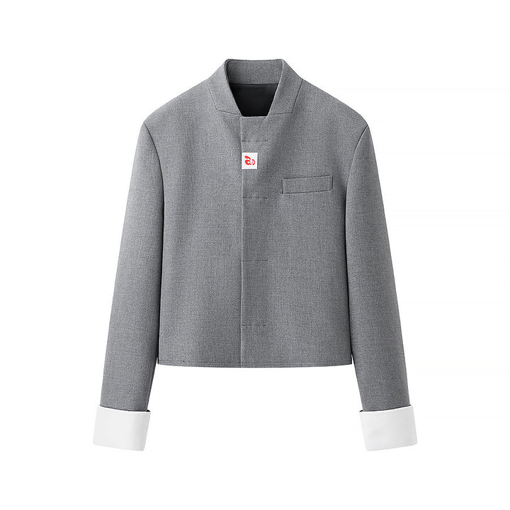 Damen kurzer Boxy-Blazer mit verdeckter Knopfleiste Stehkragen und kontrastumschlagärmeln – Valéne