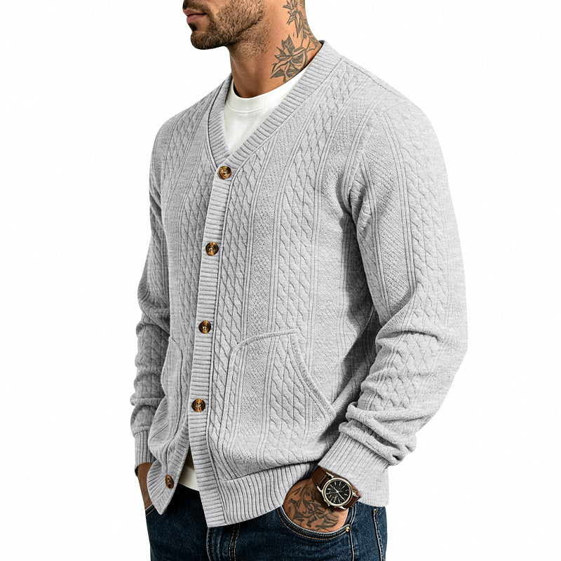 Herren Strukturierter Strickcardigan mit V-Ausschnitt und Zopfmuster – Terenzo