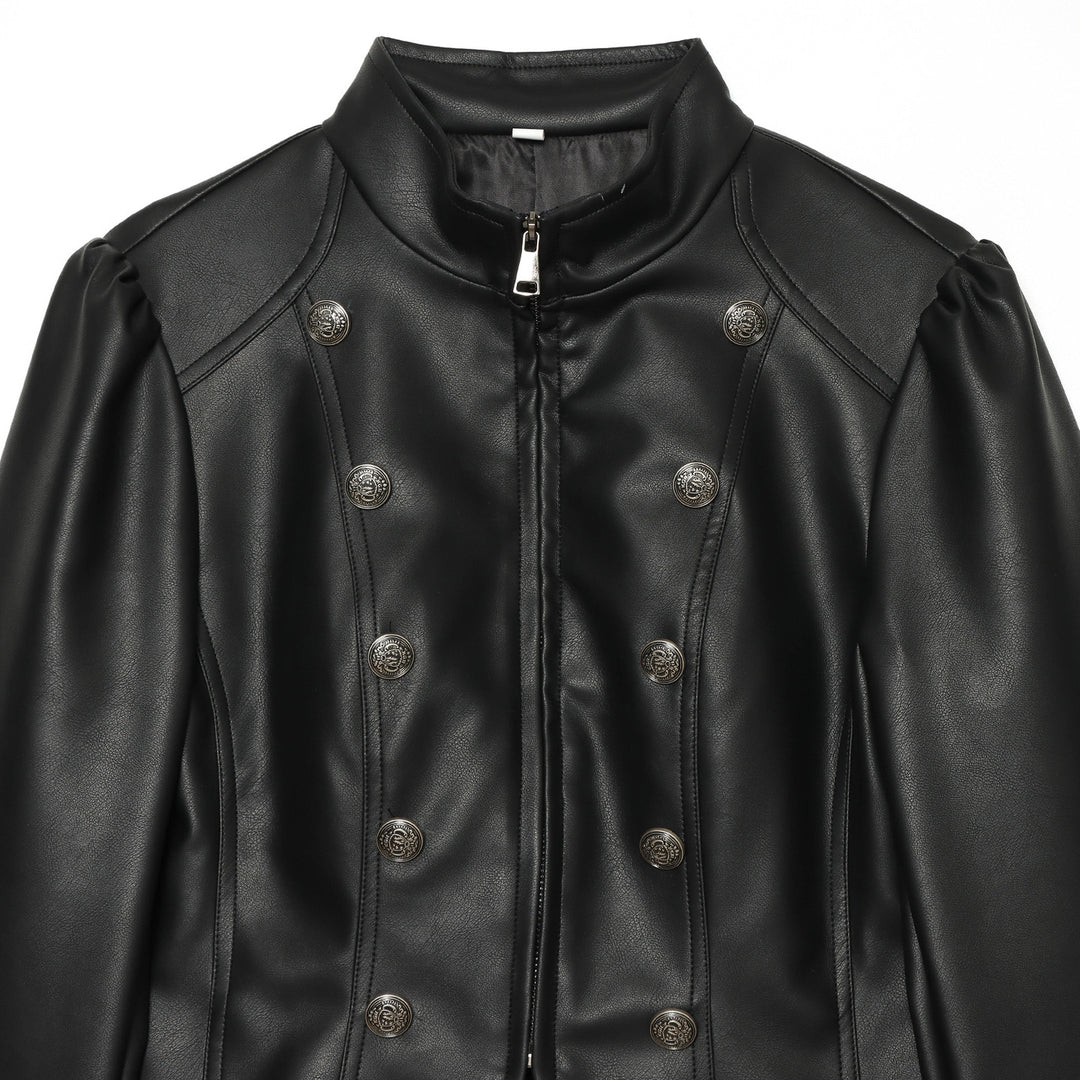 Damen kurzes Kunstleder-Doppelreihenjacke mit Stehkragen und Puffärmeln – Célinea