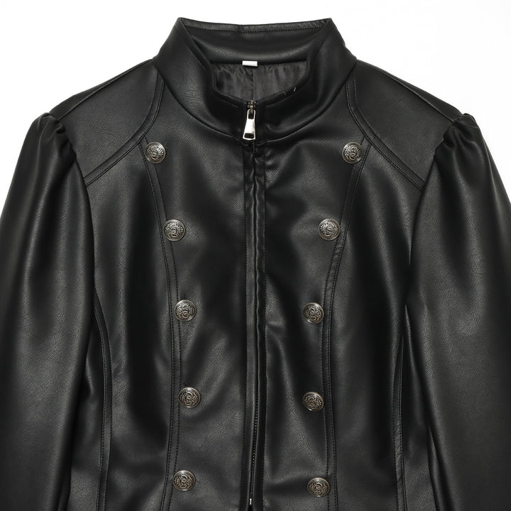 Damen kurzes Kunstleder-Doppelreihenjacke mit Stehkragen und Puffärmeln – Célinea
