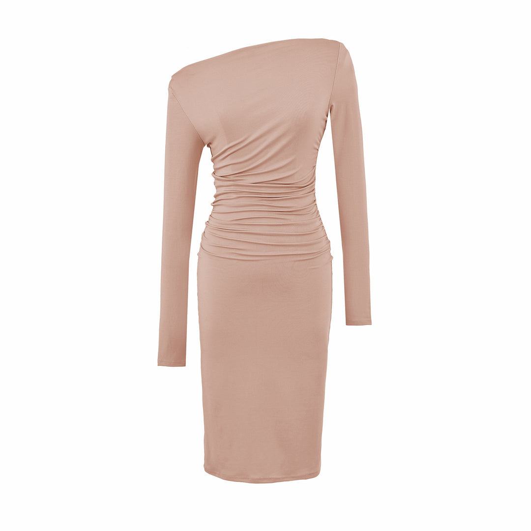 Damen Asymmetrisches Ein-Schulter-Midikleid mit Raffung und Langarm Echoarchiv