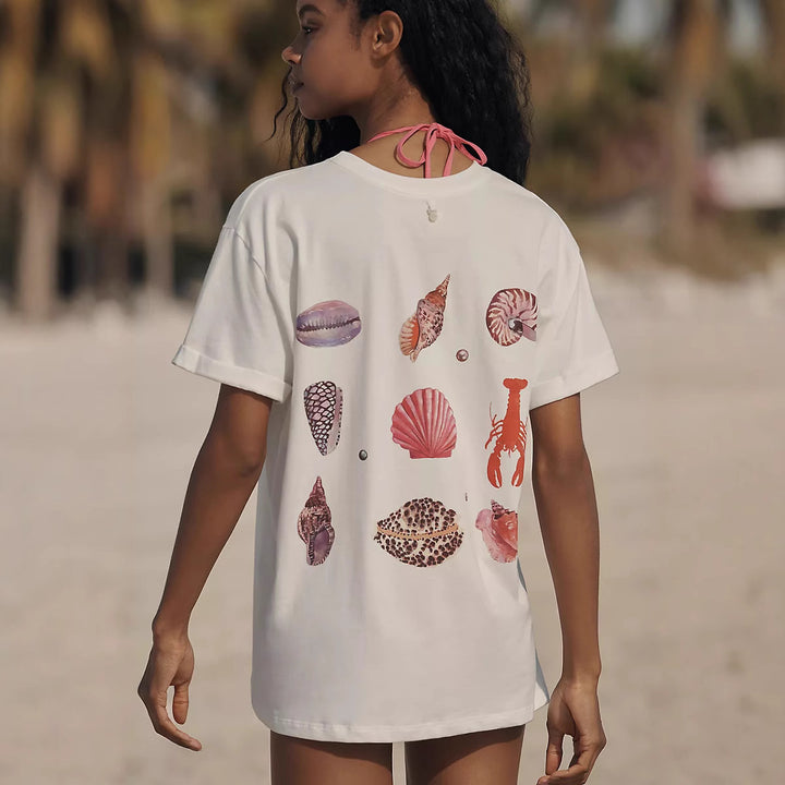 Damen lässiges T-Shirt mit maritimem Muschel-Print und lockerer Passform Echo Archiv