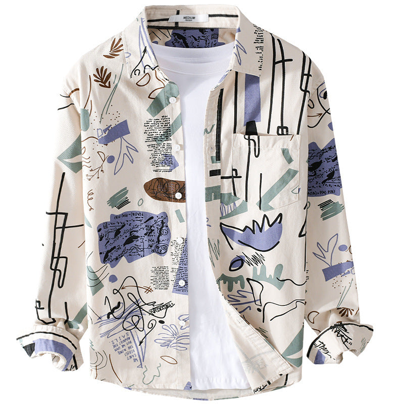Herren Lockeres Hemdjacken-Overshirt mit abstraktem Skizzenprint, Brusttasche und weichem Baumwollgriff Echoarchiv
