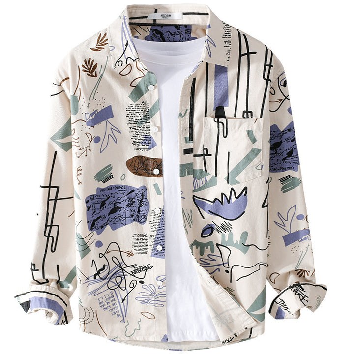 Herren Lockeres Hemdjacken-Overshirt mit abstraktem Skizzenprint, Brusttasche und weichem Baumwollgriff Echoarchiv