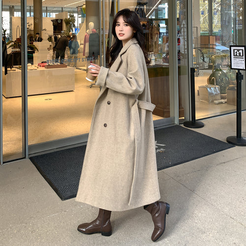 Damen Lang geschnittener Wollmix-Trenchcoat mit Taillenband und kastiger Schulterpartie Echoarchiv