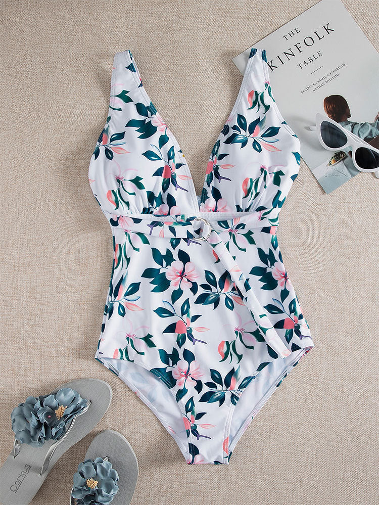 Damen Einteiler Badeanzug mit floralem Design und raffiniertem Wickelgürtel Echo Archiv