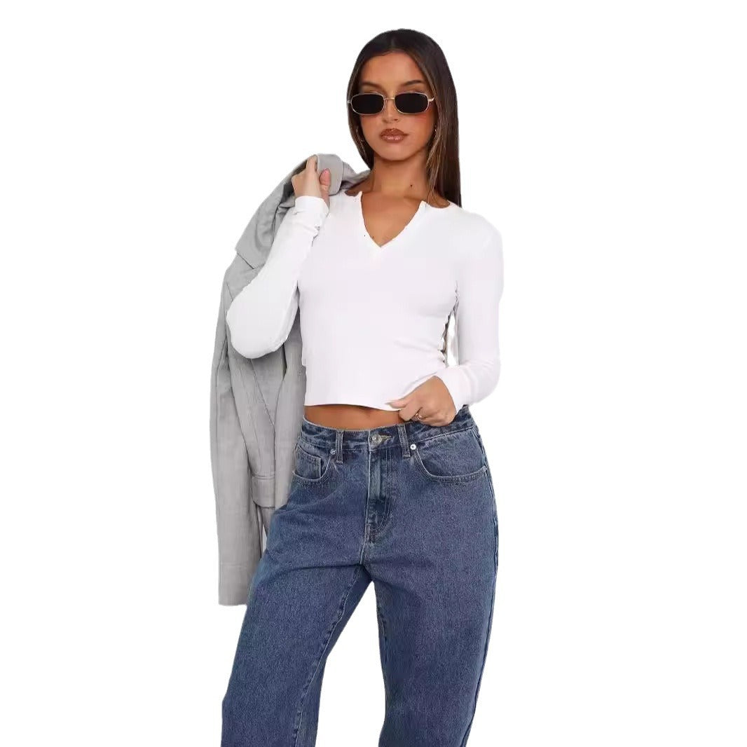Damen Langarm Crop-Top mit eleganter V-Öffnung und figurbetontem Schnitt Echo Archiv
