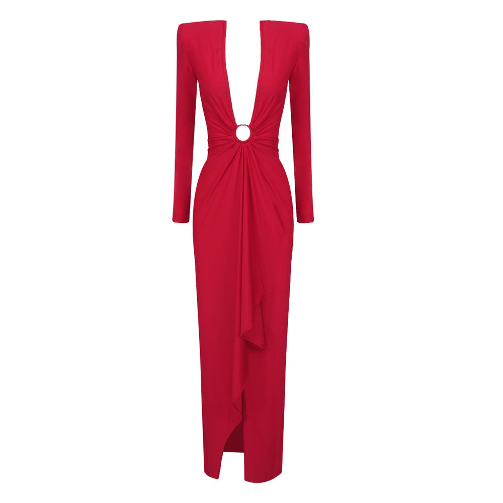 Damen Elegantes Abendkleid mit tiefem V-Ausschnitt und gefalteten Ärmeln Echo Archiv