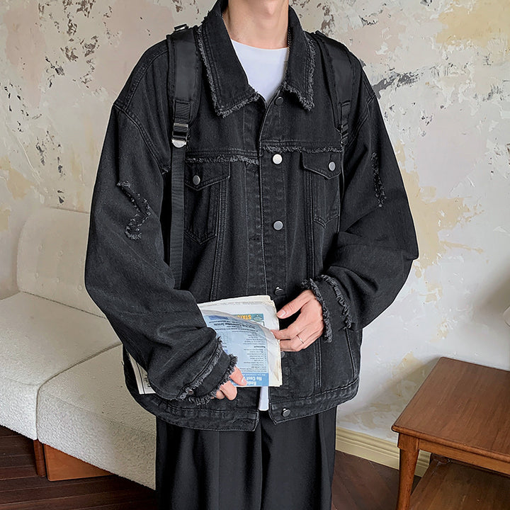 Herren Oversize Jeansjacke mit Used‑Look, ausgefransten Kanten und Druckknöpfen Echo Archiv