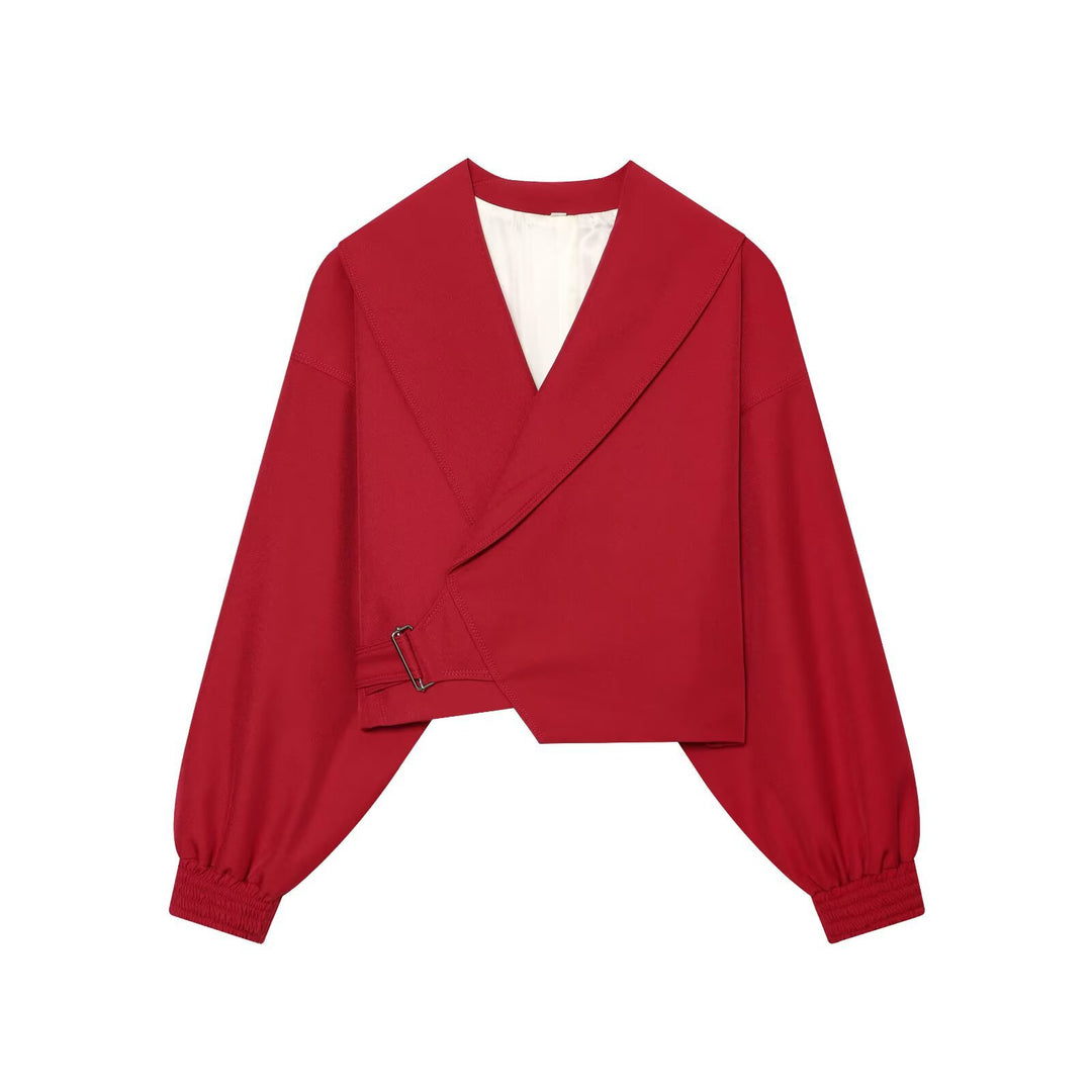 Damen Kurze Wickeljacke mit weitem Schalkragen, taillierendem Schnallenband und Ballonärmeln Echo Archiv