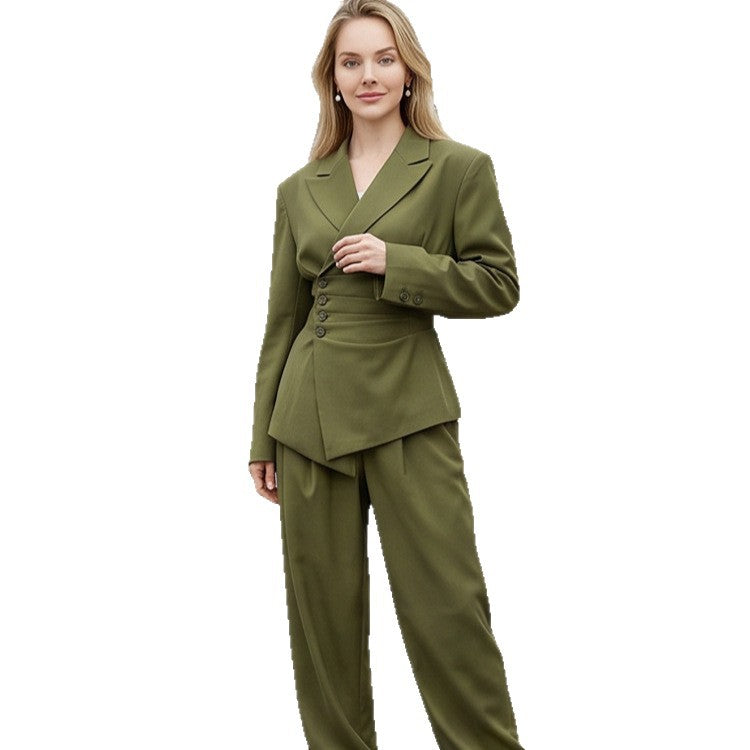 Damen Tailliertes Blazer-Set mit asymmetrischem Knopfverschluss und relaxter Bundfaltenhose Echoarchiv