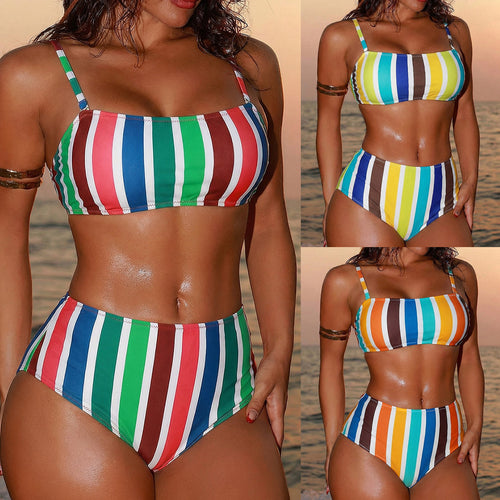 Damen Hoch geschnittener Bikini mit breiten Streifen Echo Archiv