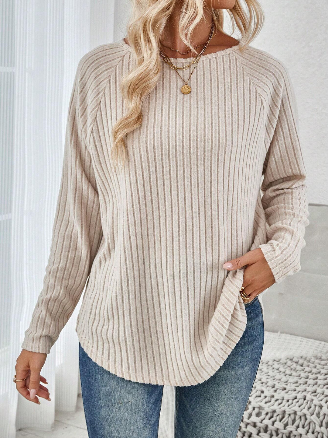 Damen Gerippter Longline-Pullover mit Raglanärmeln und abgerundetem Saum Echoarchiv