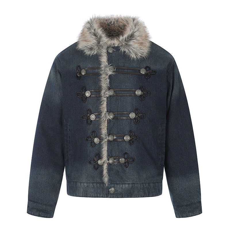 Damen Jeansjacke mit Kunstfellkragen und militärischen Zierknöpfen Echoarchiv
