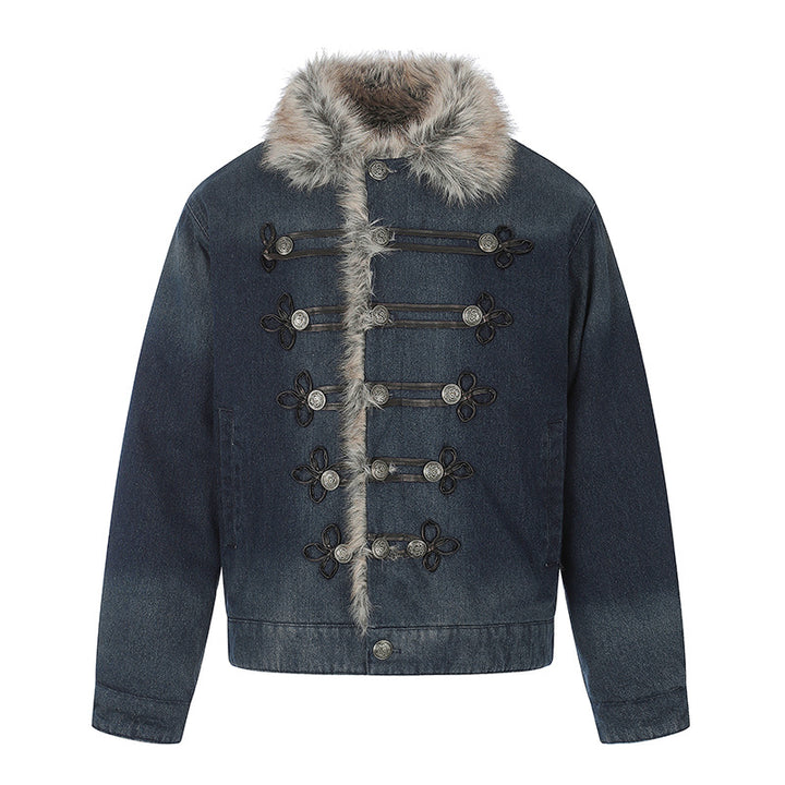 Damen Jeansjacke mit Kunstfellkragen und militärischen Zierknöpfen Echoarchiv