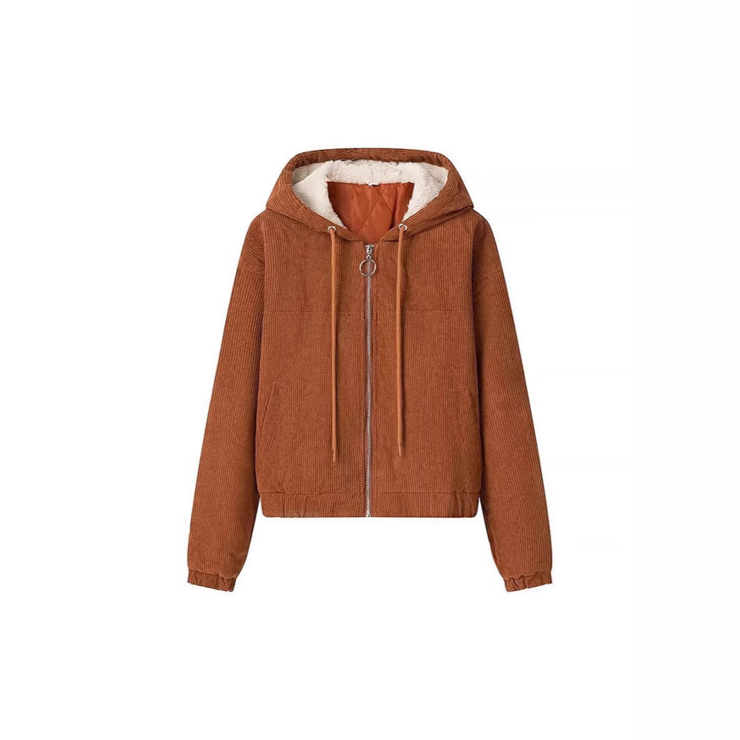 Damen Kurz geschnittene Cordjacke mit Kapuze, Teddyfutter und durchgehendem Reißverschluss Echo Archiv
