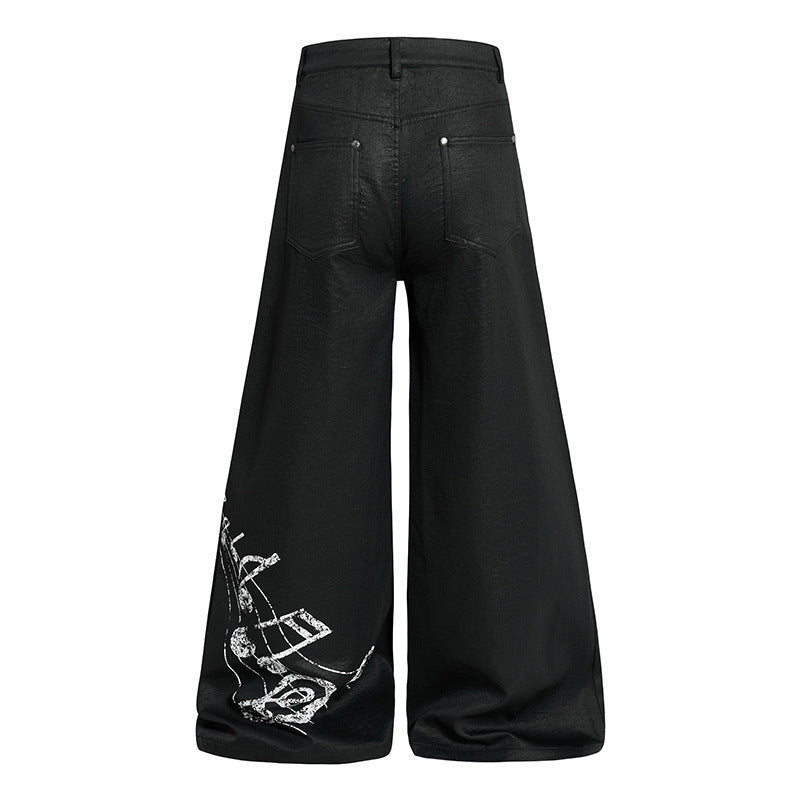 Damen Weite hochgeschnittene Palazzo-Hose mit beschichteter Lederoptik, extra weitem Bein und Statement-Print Echoarchiv