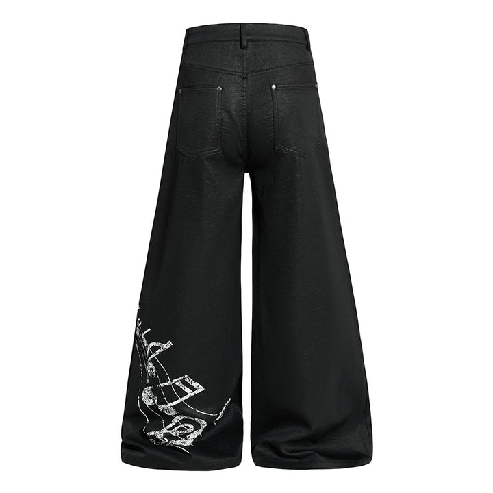 Damen Weite hochgeschnittene Palazzo-Hose mit beschichteter Lederoptik, extra weitem Bein und Statement-Print Echoarchiv