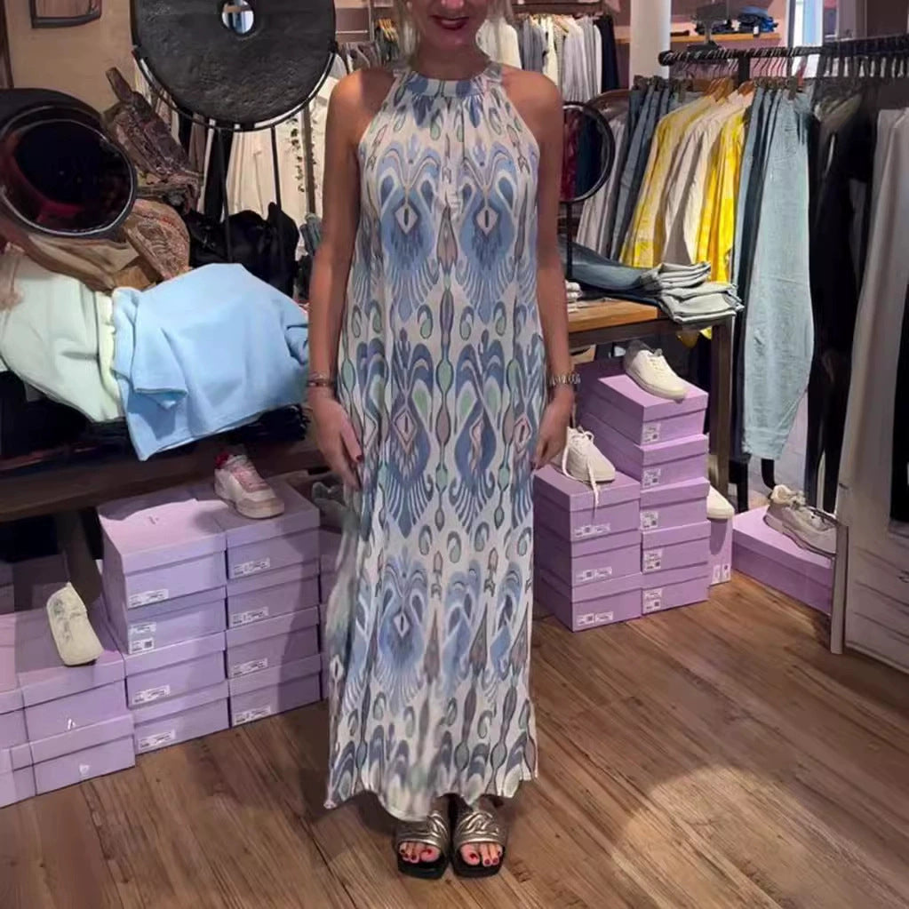 Damen nan fließendes Maxikleid mit Halterkragen, ornamentalem Ikat‑Print und weitem Fall Echo Archiv