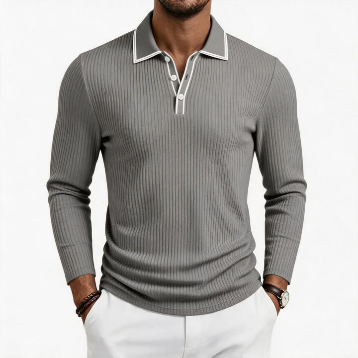 Herren fein geripptes Langarm-Poloshirt aus elastischer Merino-Mixqualität mit Kontrastkanten – Cavello
