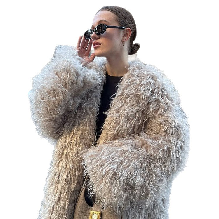 Damen Oversize lockiger Kunstpelz-Mantel im Shaggy‑Look Echoarchiv