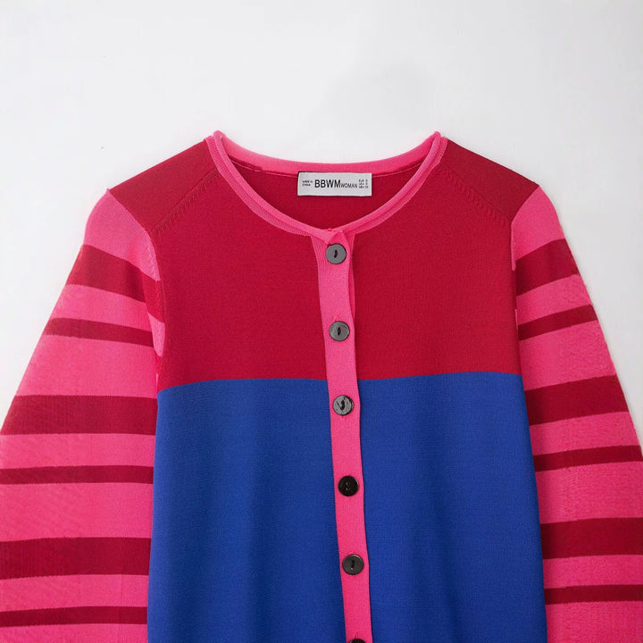Damen Kurzgeschnittene Strickjacke mit Farbblock-Design und gestreiften Ärmeln Echo Archiv