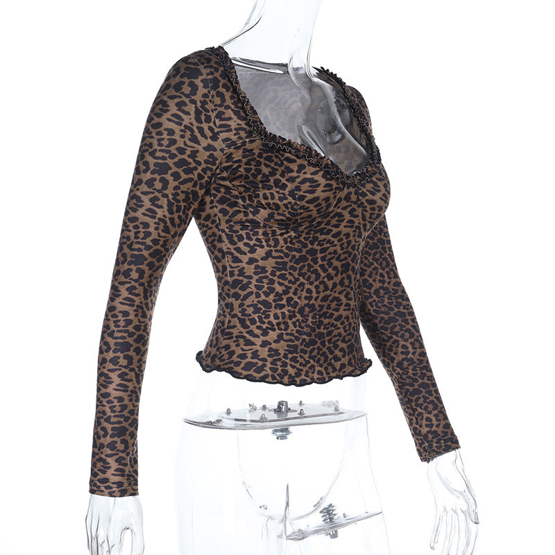 Damen elegantes Leopardenmuster Langarmoberteil Echo Archiv
