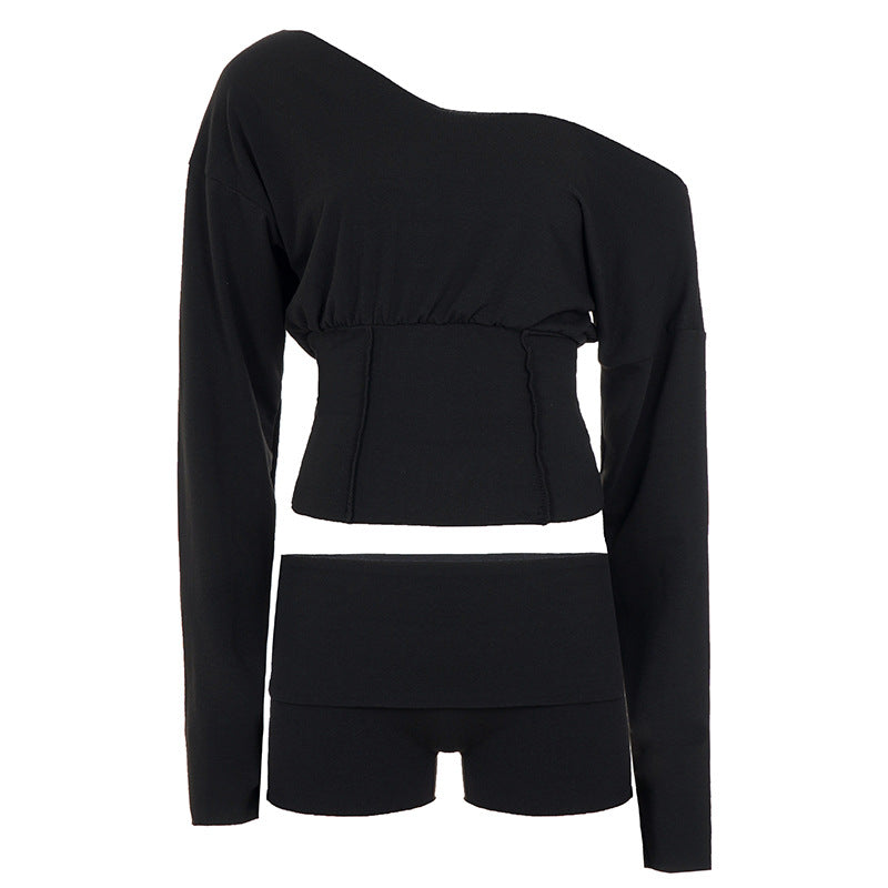 Damen nan asymmetrisches einschulteriges Lounge-Set mit tailliertem gerafftem Crop-Top und hochgeschnittenen Umschlag-Shorts Echo Archiv