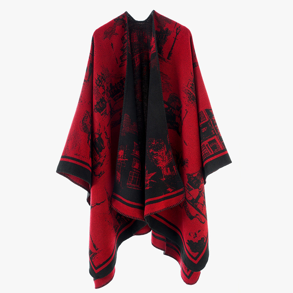 Damen Jacquard‑Capeponcho mit ikonischem Städte‑Jacquard und offenem Oversize‑Fall Echo Archiv